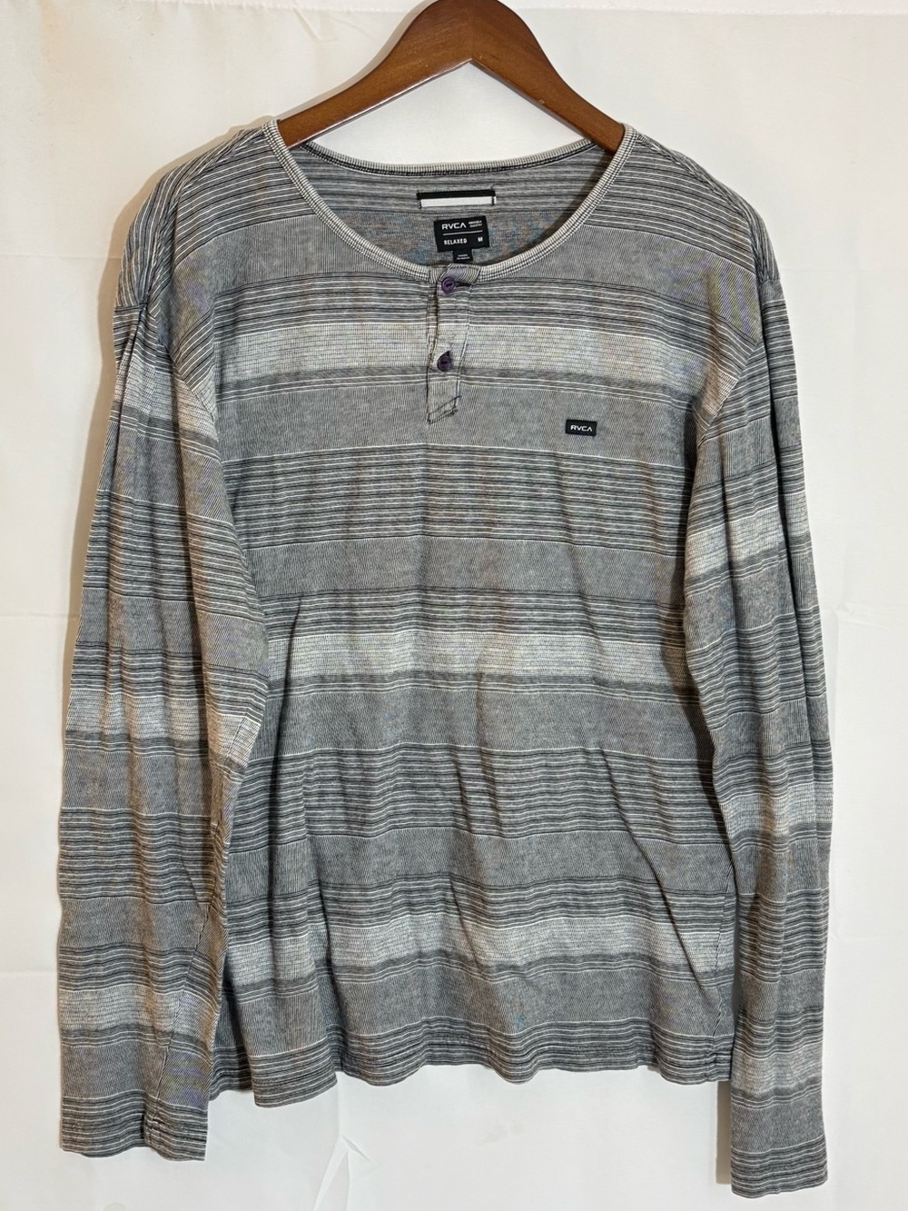 RVCA Men's Medium Black & Gray Striped Long Sleeve Henley T-Shirt Tee